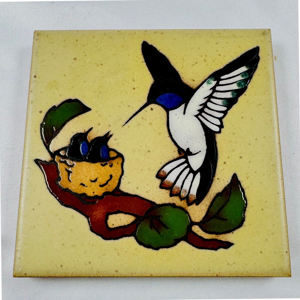 Cleo Teissedre Hummingbird Nest Ceramic Art Tile Trivet Wall Decor 4x4 BOHO CUTE